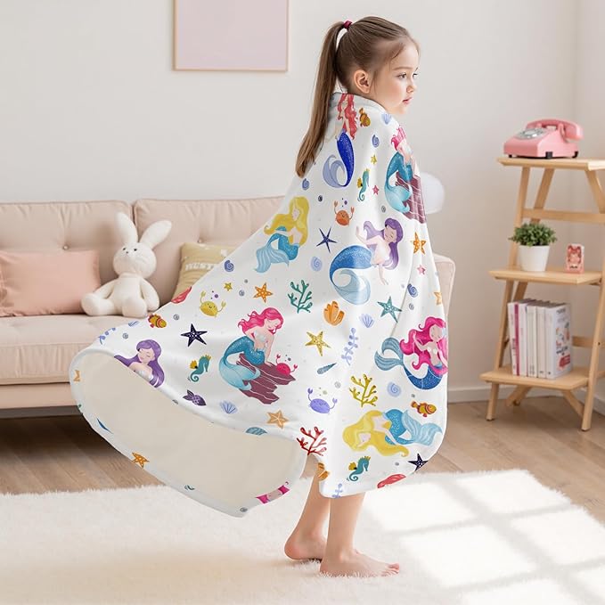 Wajade Kids Mermaid Blanket for Girls Soft Fleece Blanket for Couch Sofa Bedroom Mermaid Marine Life Throw Blanket for Kids Teens 60"x80"
