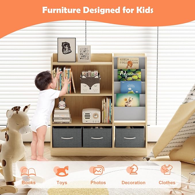 Kids Bookshelf Wood Montessori Toy Storage Organizer Cabinet Shelf Child Bookcase Toddler Baby Sling Book Rack 3 Cube Bin Fabric Drawers for Playroom Bedroom Nursery School