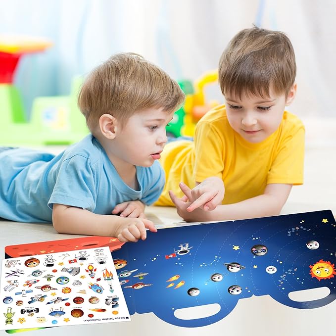 ASTARON Reusable Sticker Book for Toddlers, 88 Pcs Space Stickers Road Trip Activities Car Airplane Activities Travel Toys for Kids, Kids Quiet Time Activities (2-6 Age)