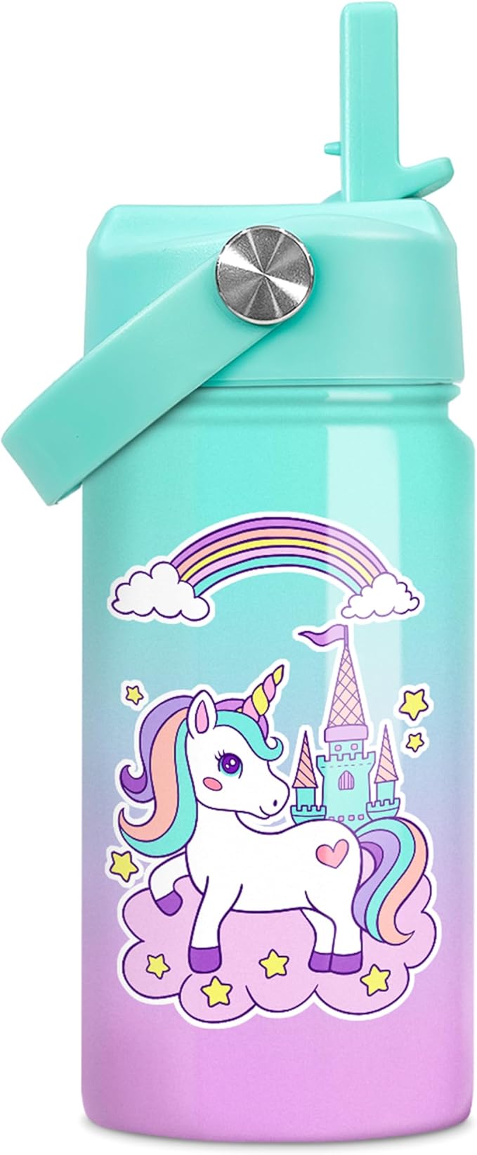Unicorn Water Bottle - Kids Water Bottle with Straw Lid - 12 Oz Insulated Stainless Steel Ocean Water Bottles for Kid Girl- Travel Cup for School Sports
