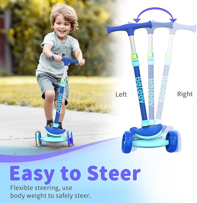 BELEEV A8 Scooter for Kids Ages 3-12, 3 Wheel Folding Scooter for Toddlers Girls Boys, LED Light-Up Wheels, 4 Adjustable Height, Lean to Steer, Extra Wide Wheels, Three Wheel Kick Scooter for Children