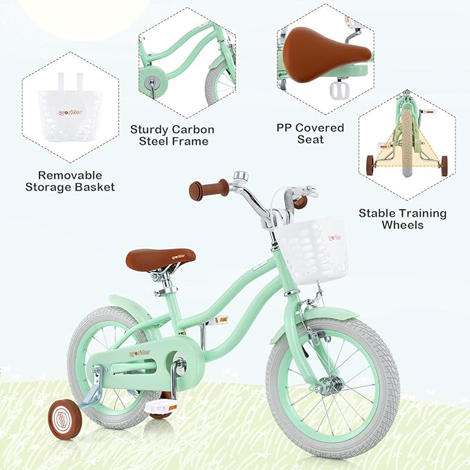 BABY JOY Kids Bike, 12 14 16 18 20 Inch Boys Girls Bike w/Adjustable Seat, Removable Basket, Handbrake & Coaster Brake, Training Wheels or Kickstand, Kids Bicycle with Multi-Color