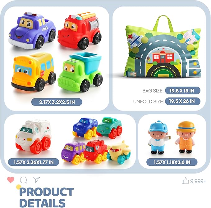 Soft Rubber Toy Figure Car for 1 Year Old Boy with Playmat (Storage Bag)|12 PCS Cartoon Cars Baby Toys for 12-18 Months & Toddler Age 1-2|First Birthday for 1 2 3 Year Old Boy