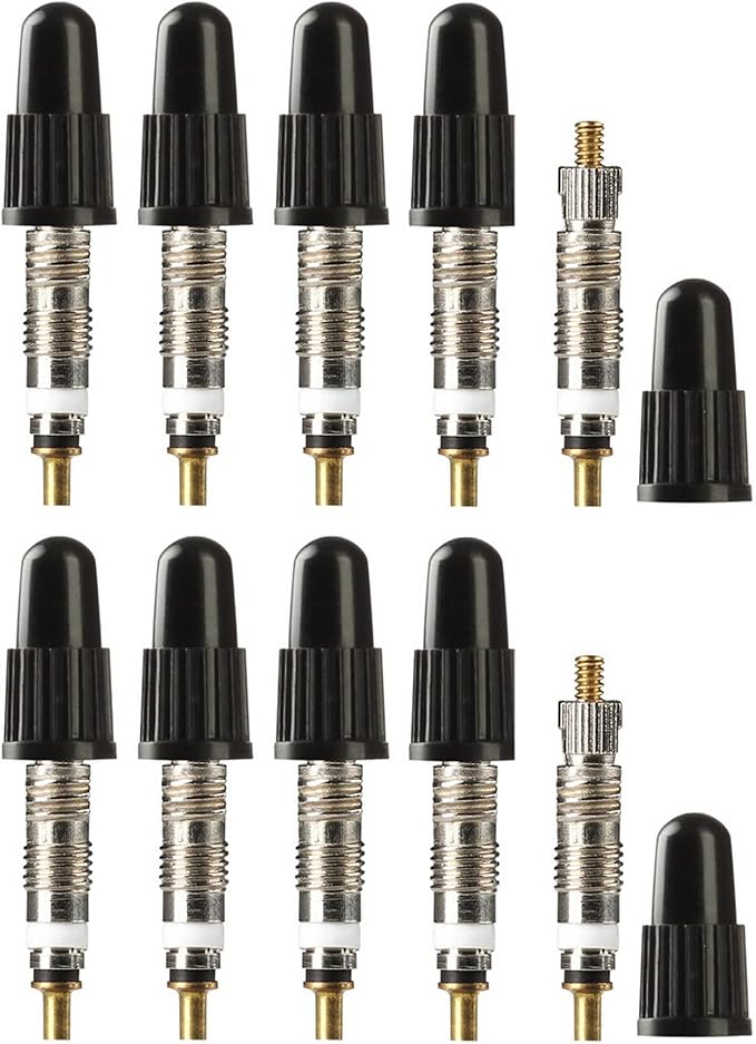 Presta Valve Cores with Removal Tool and 10 Cores and 10 Caps for Tubeless Tires. Mountain, Road Bike and BMX Compatible. Silver 10 Pack.