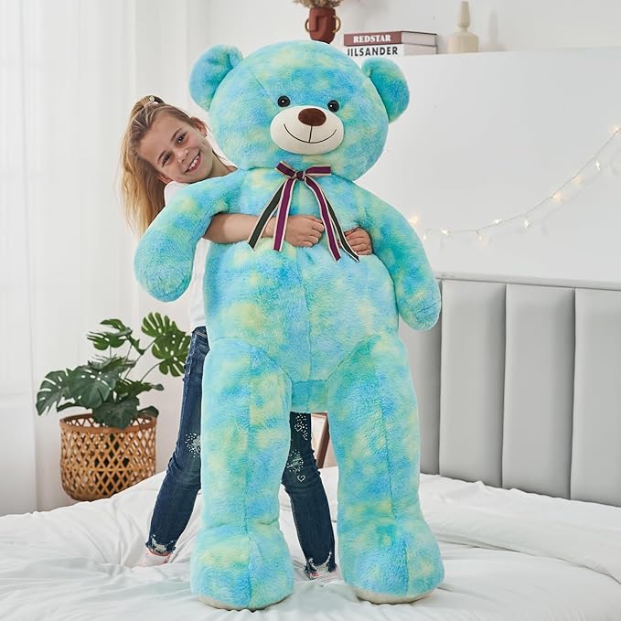 Tezituor 52in Giant Teddy Bear,Big Stuffed Animal Plush,Rainbow Green Soft Gifts for Valentine, Christmas, Birthday,Life Size Plush Toys for Grils Boys Girlfriend,Blue Green