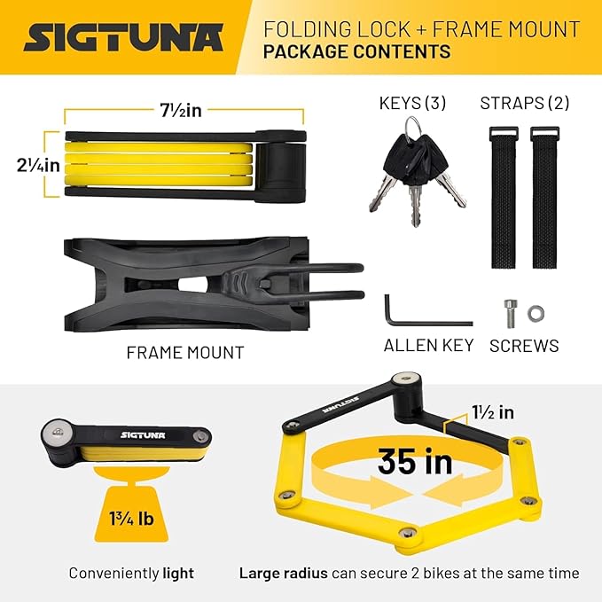 SIGTUNA Folding Bike Lock - Hardened Steel 8mm Fold-Up Heavy Duty Bike Lock with Easy Mounting, Secure Lock and Anti-Scratch Coating - Easily Keep Bike Secure and Paintwork Undamaged - Bicycle Lock