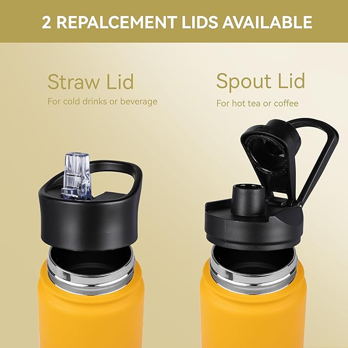 HASLE OUTFITTERS Insulated Water Bottle Kids 16 oz Double Wall Vacuum Stainless Steel Water Bottle Leak Proof for School Wide Mouth with Straw Lid Spout Lid Keeps Cold and Hot(Yellow and Orange,1pack)