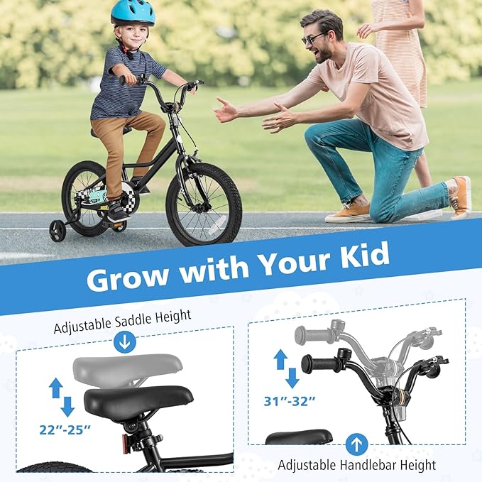 BABY JOY Kids Bike, 12 14 16 18 Inches Car Pattern Sporty Bicycle w/Removable Training Wheels, Hand & Coaster Brakes, Adjustable Seat & Handlebar, Girls Boys Bike