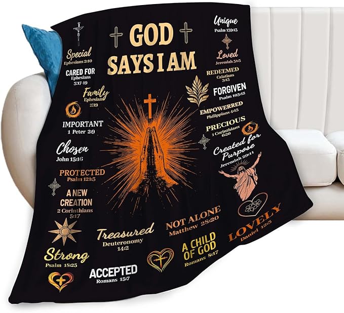 Bible Verse Blanket Spiritual Prayer Christian Faith Throw Inspirational God Says I Am Scripture Religious Gifts for Women Men Adults Girls Soft Cozy Plush Fuzzy Fleece Blanket Decor 60''X80''