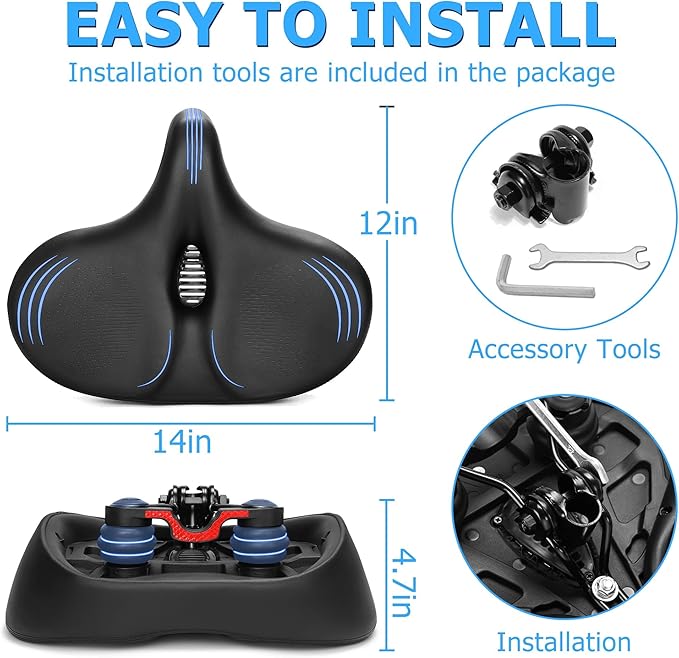 Oversized Bike Seat for Men & Women Comfort, Extra Wide Bicycle Seat Cushion, Comfortable Wing Padded, Large Replacement Saddle for Peloton, Stationary Exercise Bike, Ebike, Cruiser, City Bike