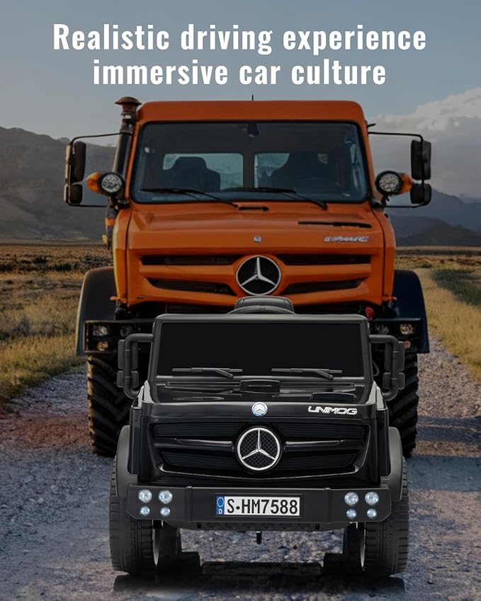 12V Ride on Car for Kids, Licensed Mercedes-Benz Unimog w/Parent Remote Control, LED Headlights, Music Player & Horn for 3-4 Years Toddler,Black
