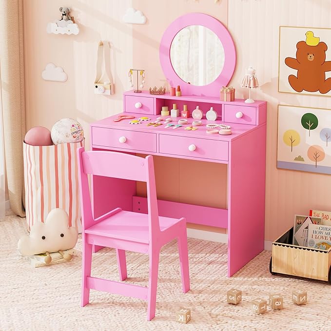 Costzon Kids Vanity, Princess Makeup Dressing Desk with Mirror and Stool, 4 Storage Drawers, Vanity Table and Chair Set for Little Girls (Pink)