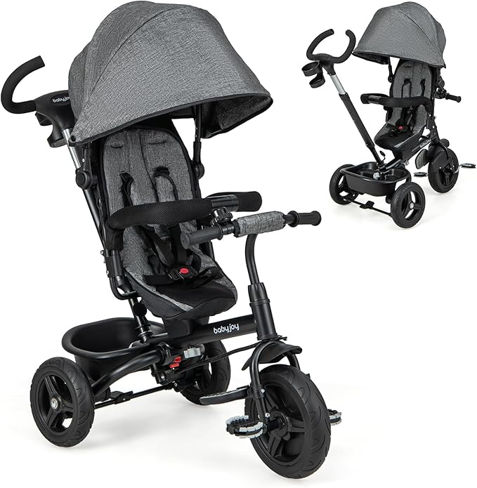 BABY JOY Tricycle, 6 in 1 Tricycle for Toddler w/Reversible Seat, Adjustable Canopy & Parent Handle, 5-Point Safety Belt, PU Wheels and Storage Basket, Push Tricycle for 9-60 Months (Gray)