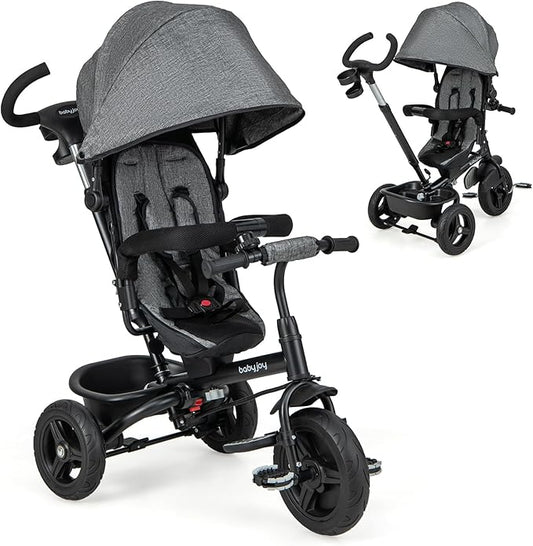 BABY JOY Tricycle, 6 in 1 Tricycle for Toddler w/Reversible Seat, Adjustable Canopy & Parent Handle, 5-Point Safety Belt, PU Wheels and Storage Basket, Push Tricycle for 9-60 Months (Gray)