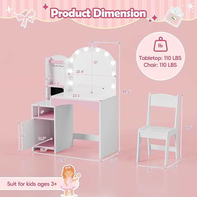 MU Kids Vanity, Girl Vanity Set with Mirror and Chair, 2 in 1 Toddler Makeup Vanity Table with Jewelry Storage, Wooden Princess Makeup Desk Dressing Table for Little Girls, White