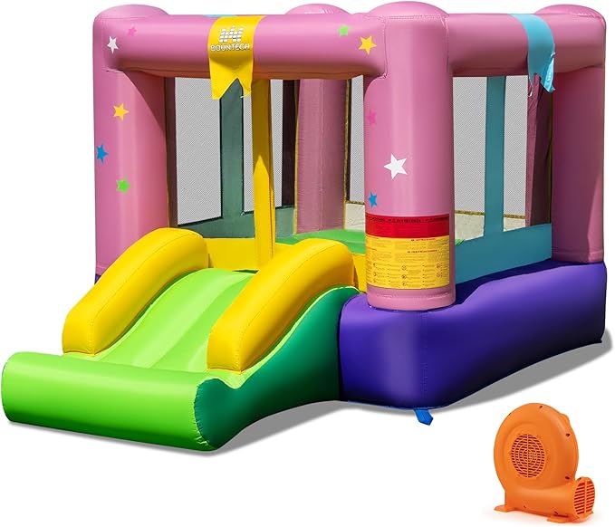BOUNTECH Inflatable Bounce House, Bouncy House for Kids 3-12 Indoor Outdoor w/520W Blower, Jumping Area, Slide, Basketball Game, Mini Bounce House for Toddler Boys Girls Birthday Party Backyard Gifts