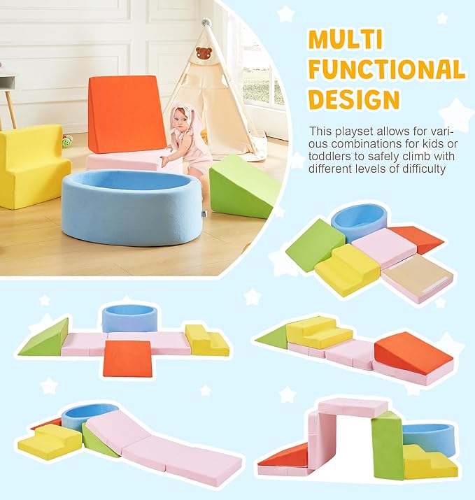 Foam Climbing Blocks with Ball Pit & Stairs for Toddlers Aged 1-3 -Soft Playset for Indoor Crawling, Foam Playground Set for Baby to Active Playing Inside -(Balls NOT Included),Multicolored