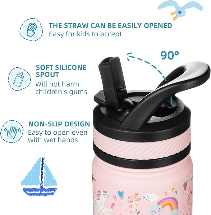 Fanhaw 18 Oz Kids Insulated Water Bottle with Straw - Stainless Steel Double Wall Vacuum Cup, Leakproof, BPA Free, Suitable for Boys and Girls(Pink - Unicorn Fields)