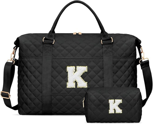 Gifts for Teen Girl, Initial Travel Duffle Bag, Personalized Women Weekender Overnight Bags, Gift for Daughter Kid Girl Wife Friend（Black,K)