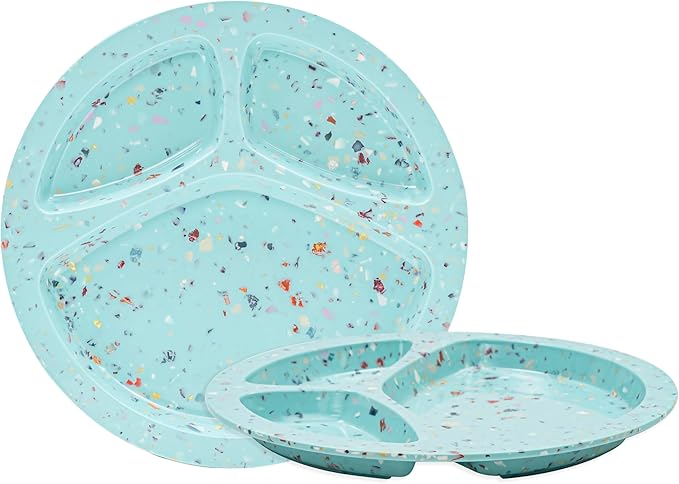 bzyoo 9-Inch Melamine Divided Plates – 3-Section Portion Control Plates, Food Safe & Durable, Lightweight & Unbreakable, Reusable Tableware for Kids, Big Kids & Everyday Meals, Confetti Green