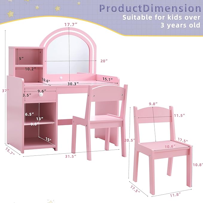 Kids Princess Vanity Set with Drawer, Storage Shelves & Lighted Mirror, 2 in 1 Toddler Makeup Vanity with Stool for Little Girls (Pink)