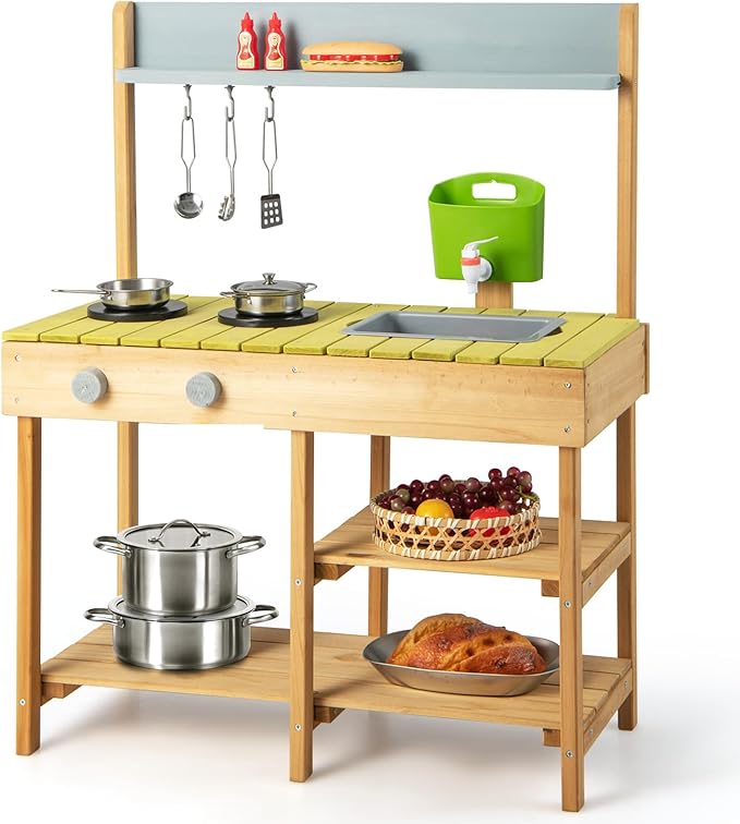 Costzon Wooden Kids Play Kitchen, Outdoor Mud Kitchen with Removable Sink, Water Box & Faucet, Stove Top, Storage Shelves, Fun Backyard Pretend Kitchen Playset for Boys Girls 3+ (Green)