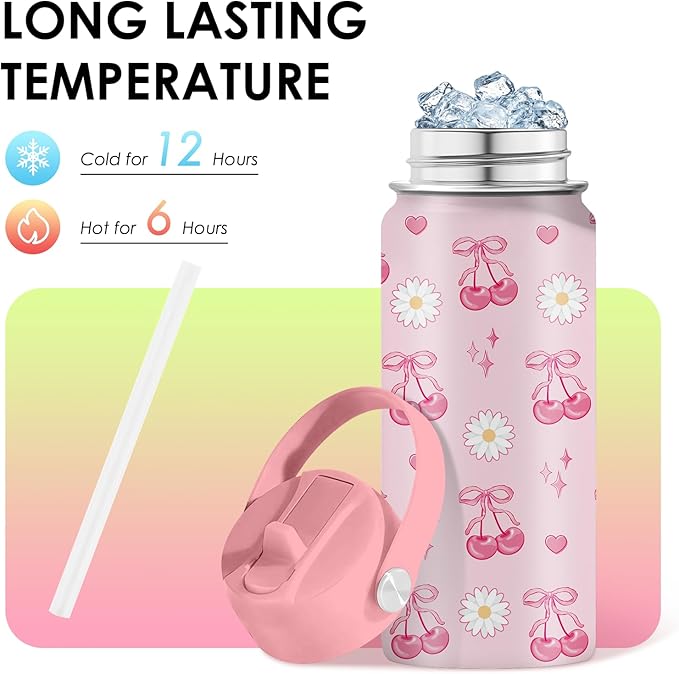 Cherry Gifts for Kids - 16oz Pink Kids Water Bottle with Straw Lid, Stainless Steel Insulated Tumbler, Leakproof, BPA-Free, for Girls, School, Travel - Cherry Lovers Children Birthday Gift Cup (1pc)