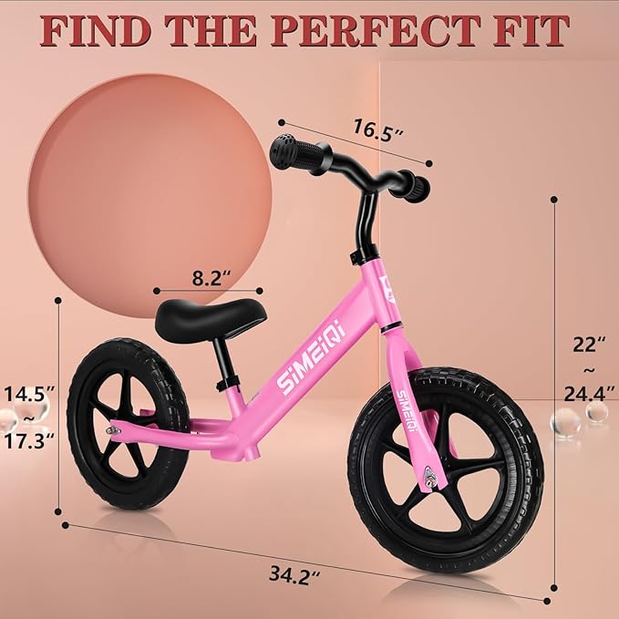 SIMEIQI 12" Balance Bike for Boys Girls 2 3 4 5 Years Old No Pedal Walking Balance Training Sports Bicycle for Kids Toddlers Lightweight Adjustable Seat & Handlebar