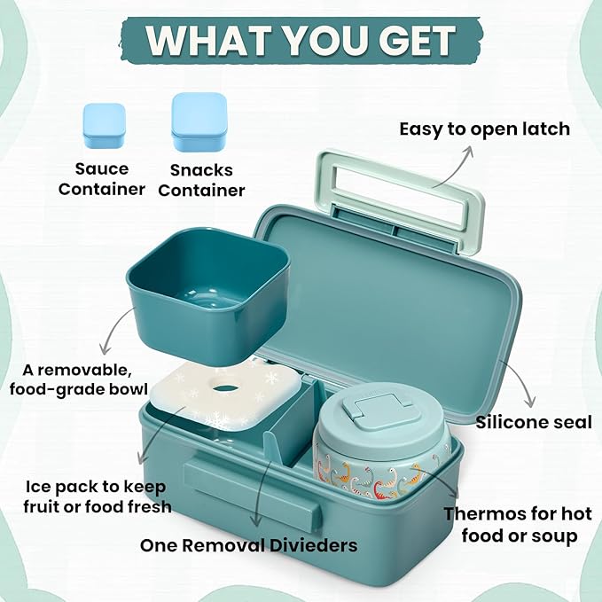 PIQUEBAR Bento Lunch Box for Kids with Thermo Ice Pack Lunch Food Container Insulated Bag, 18oz Plastic Sport Water Bottle for Kid Girls Boys (T-Blue Dinasour)