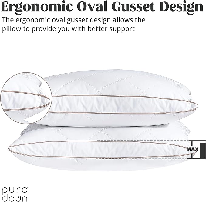 puredown® Natural Goose Down Feather Pillows for Sleeping Oval Gusseted Feather Down Pillow 100% Cotton Pillow Cover with Leaf Quilting King Set of 2