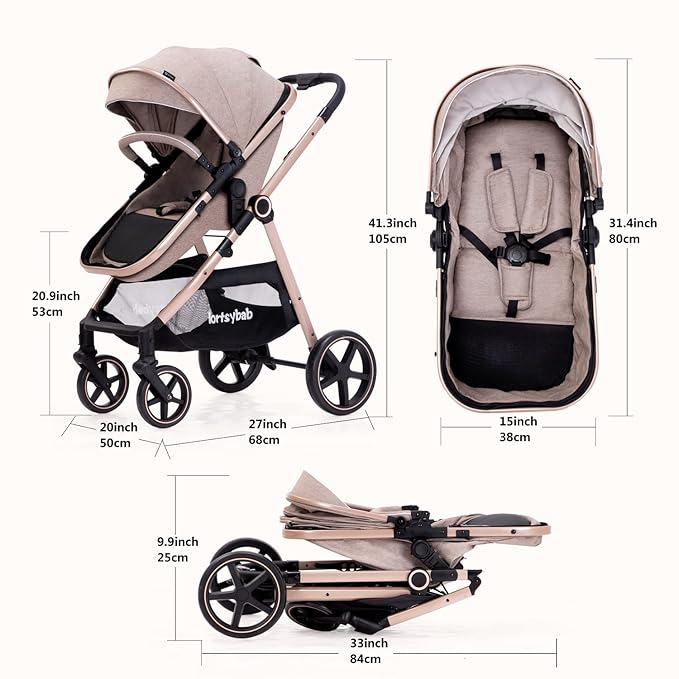 2-in-1 Baby Stroller - Folding Infant Newborn Pram Stroller with Reversible Seat - Toddler Strollers for 0-36 Months Old Babies (Beige)