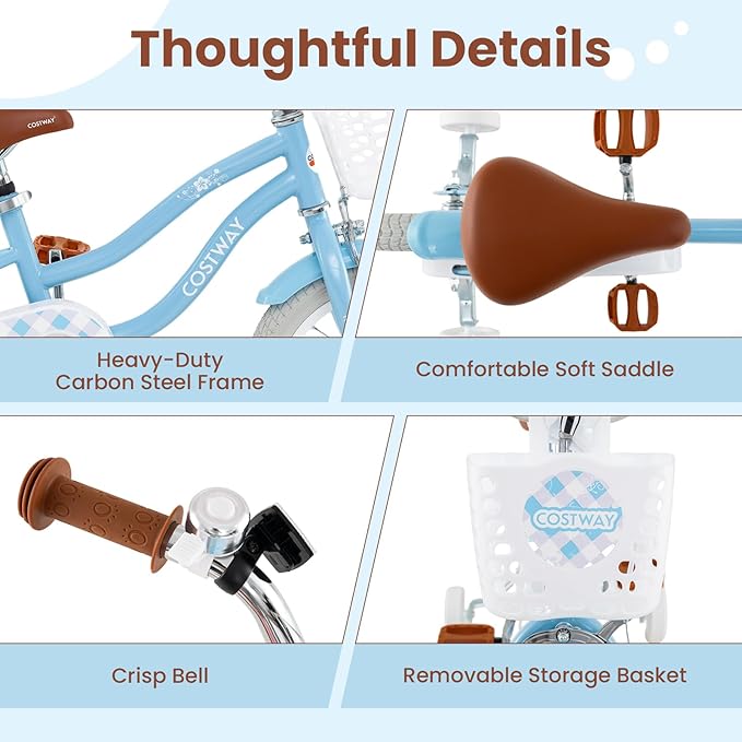 COSTWAY Kids Bike, 12 14 16 18 Inch Toddler Bike Children Bicycle w/Training Wheels, Hand & Coaster Brakes, Adjustable Saddle & Handlebar, Basket, Bell, Kids Bicycle for Girls Boys Aged 3-8 Years Old