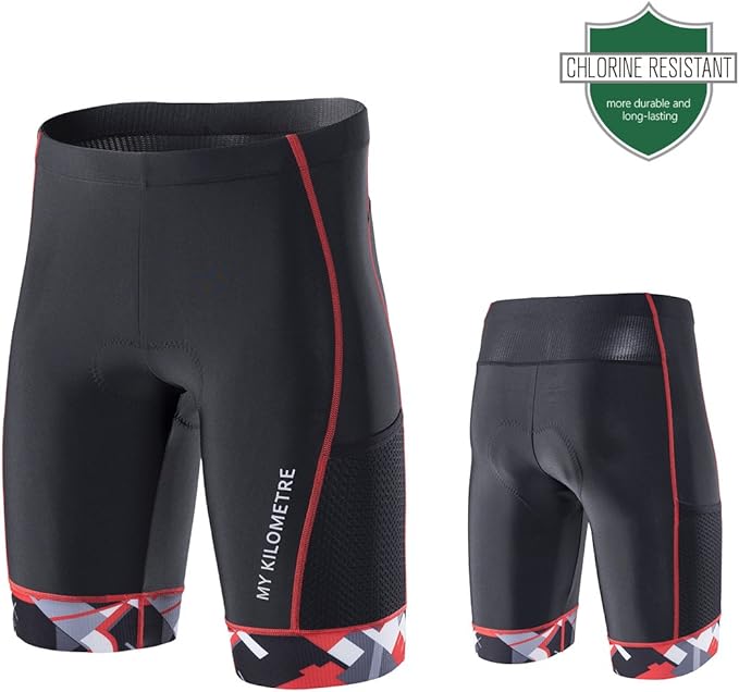 MY KILOMETRE Mens Triathlon Shorts with Adjustable Drawstring Easy Reach Leg Pockets Chamois for Long-Distance Tri Race