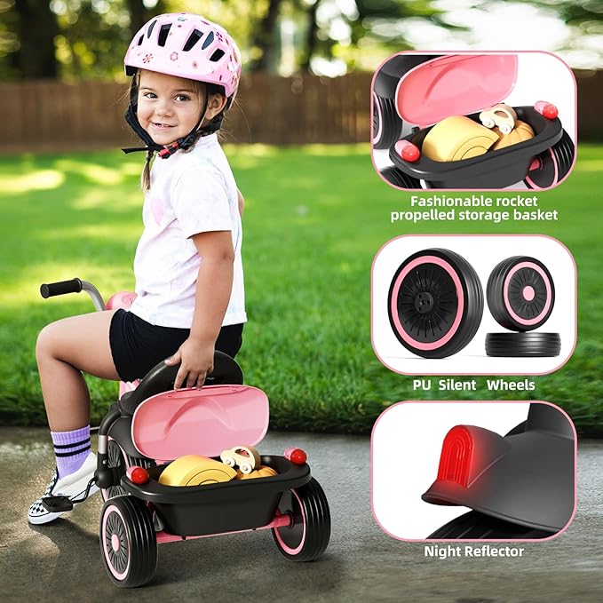 Glaf Toddler Bike for 2-5 Year Olds Tricycle for Toddler 1-3 Kids Tricycle Baby Bike with Adjustable Seat and Storage Basket Kids Trike Toys & Birthday Gifts for 1+ Years Old Boys Girl (Pink)