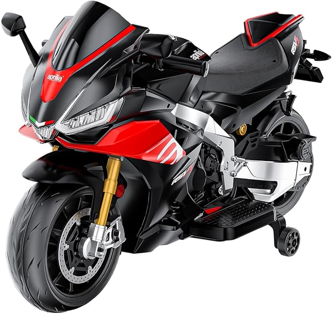 24V Kids Motorcycle, Aprilia Licensed Electric Motorcycle for Kids with Long Battery Life, Thread Wheels, Training Wheels, Large Seat-Black
