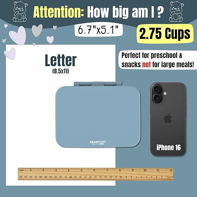 BEARFOOT Kids Lunch Box with Compartments – Compact & Lightweight | Leak-Proof, BPA-Free, Dishwasher & Microwave Safe | Hand-Drawn Design for Preschool, School, Travel (Blue, 2.75 Cups)