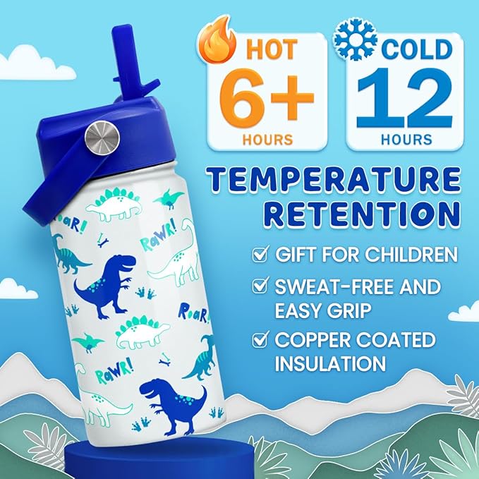 SANDJEST Dinosaur 12 oz Insulated Stainless Steel Water Bottle with Straw Lid - Thermos for Kids & Teens - School, Sports, Travel Cup