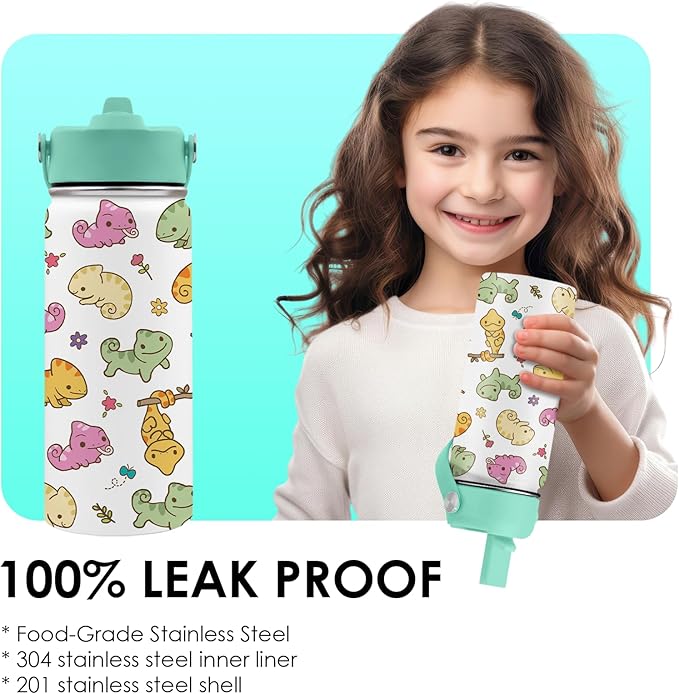 Axolotl Gifts for Girls - 16oz Green Axolotl Water Bottle with Straw Lid, Stainless Steel Insulated Tumbler, Leak Proof, for Boys, Sport, Travel, School - Animal Lovers Children Birthday Gift Cup(1pc)