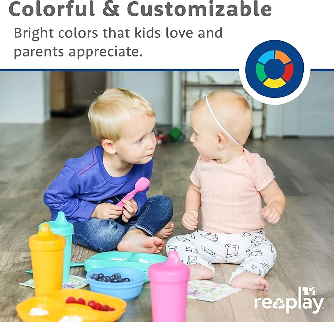 Re-Play Toddler Plates with Dividers - Deep-Walled 3 Compartments Divided Plates for Kids with 3 Lids - Dishwasher & Microwave Safe - Made in USA - Set of 3-7.37" x 7.37" x 1.25" - Beach Baby