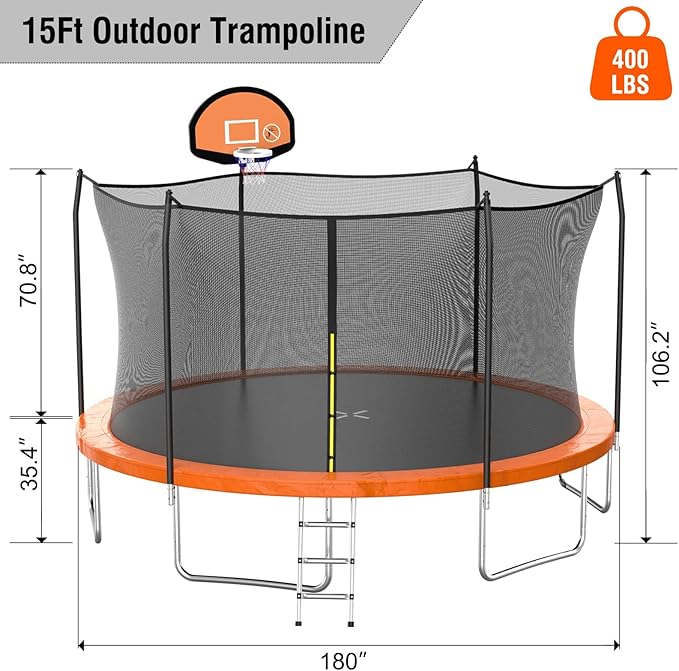 SKOK Trampoline 8FT 10FT 12FT 14FT 15FT Trampolines with Enclosure Net, 400LBS Outdoor Trampolines for Kids with Basketball Hoop-ASTM Approved Trampoline for Children and Adults with Ladder