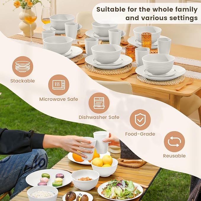 Homienly Premium Wheat Straw Dinnerware Sets - 24 PCS Dinner Plates,Plates,Cereal Bowls,Drinking Cups,Lightweight & Unbreakable Dishes Sets for 6,Dishwasher & Microwave Safe for Home - White