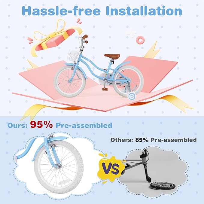 BABY JOY Kids Bike, 12 14 16 18 20 Inch Boys Girls Bike w/Adjustable Seat, Removable Basket, Handbrake & Coaster Brake, Training Wheels or Kickstand, Kids Bicycle with Multi-Color