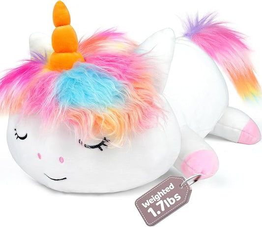 Puffpals Weighted Plush, Cute Pink Unicorn Weighted Stuffed Animal with Beads, Soft Sensory Plush Pillow Toy for Kids & Adults (14in, 1.7lbs)