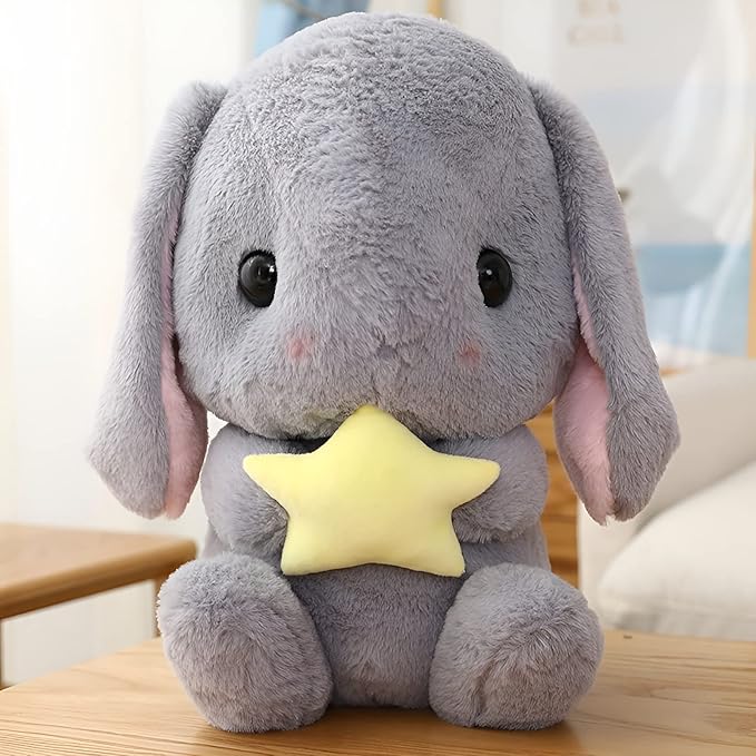 HOUPU Soft Toy - Sitting Lop Eared Rabbit, Easter White Rabbit Stuffed Bunny Animal with Carrot Soft Lovely Realistic Long-Eared Standing Pink Plush Toys (Gray-Star,12.5in/32cm)