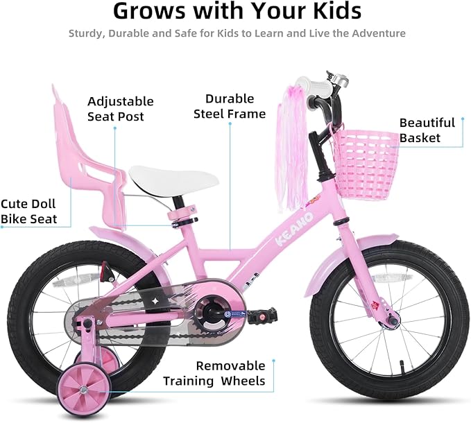 KEANO Zinnia 14 16 20 Inch Kids Bike for Girls Ages 3-10 Years, Girls' Bikes with Training Wheels, Streamers, Basket and Doll Seat, Children Bicycles