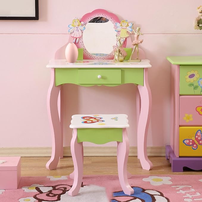Kids Vanity Set Wooden Princess Play Makeup Table with Mirror, Drawer & Flower Fairy Design, Includes Stool - Toddler Girls Dress Up Dressing Furniture Gift for 3+ Years (Pink/Green)