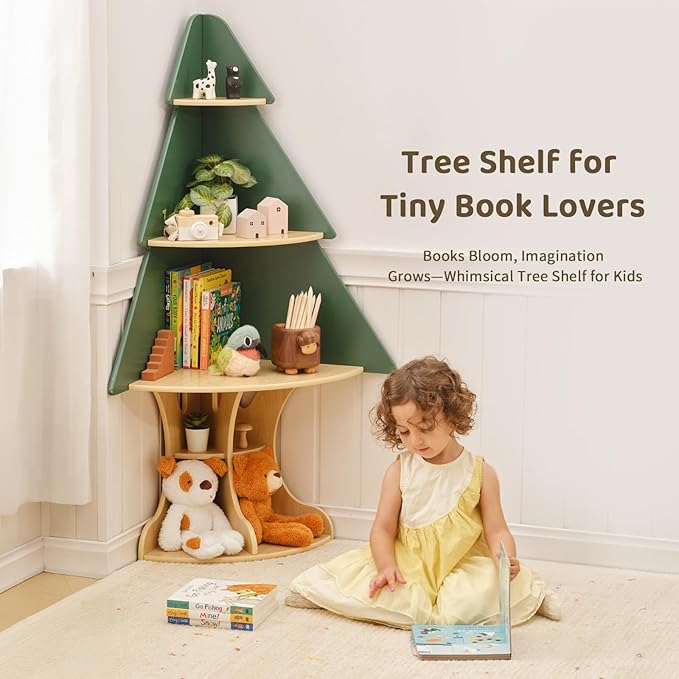 OOOK Kids Book Shelf Tree Bookshelf for Kids, Corner Bookshelf with Storage, Montessori Book Shelf for Classroom, Playroom, Bedroom, Nursery