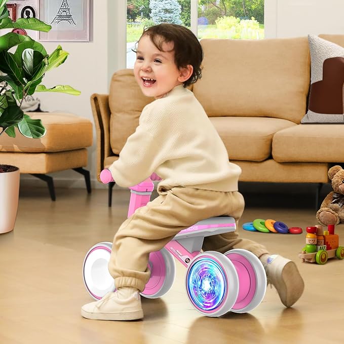 Baby Balance Bike for 1 Year Old Boys and Girls – Toddler First Bike with Colorful Lighting, 4 Wheels Safe Indoor Ride On Toy for 12-24 Months, First Birthday Gift