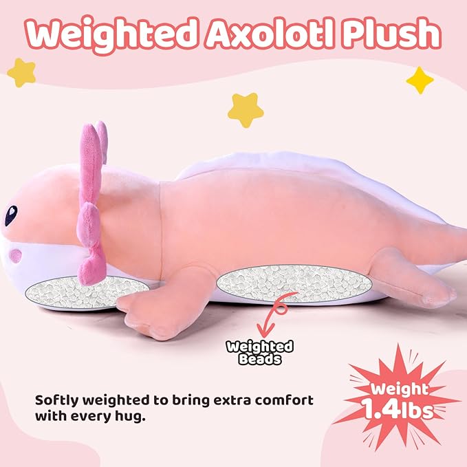 Puffpals Weighted Plush, Cute Axolotl Weighted Stuffed Animal with Beads, Soft Sensory Plush Pillow Toy for Kids & Adults(14.3in 1.4lbs)