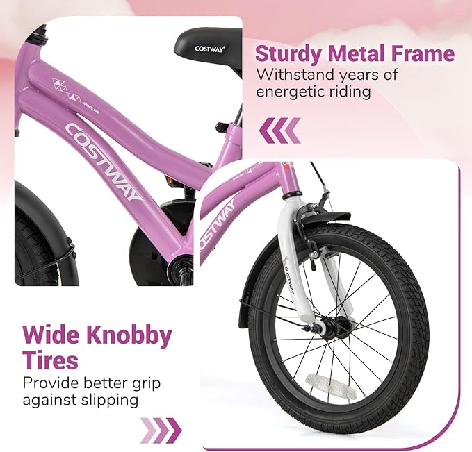 COSTWAY 12/14/16/18 Inch Kids Bike, Children Toddler Bicycle with Training Wheels, Adjustable Seat & Handlebar, Handbrake & Coaster Brake, Reflectors, Bell, Suitable for 3-8 Years Old Boys Girls